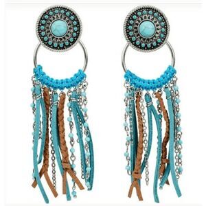 Justin Boots Turquoise Concho Earrings Suede Fringe Silver Blue Tan Bohemian